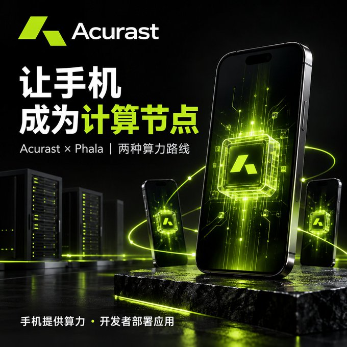 A tech advertisement features a smartphone with a glowing green Acurast logo on its screen, with Chinese text '让手机成为计算节点' and 'Acurast x Phala | 两种算力路线' promoting decentralized computing.