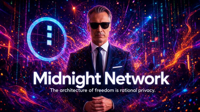 A promotional graphic titled 'Midnight Network' with the tagline 'The architecture of freedom is rational privacy,' featuring a man in a dark suit and sunglasses against a vibrant cosmic purple and orange background.