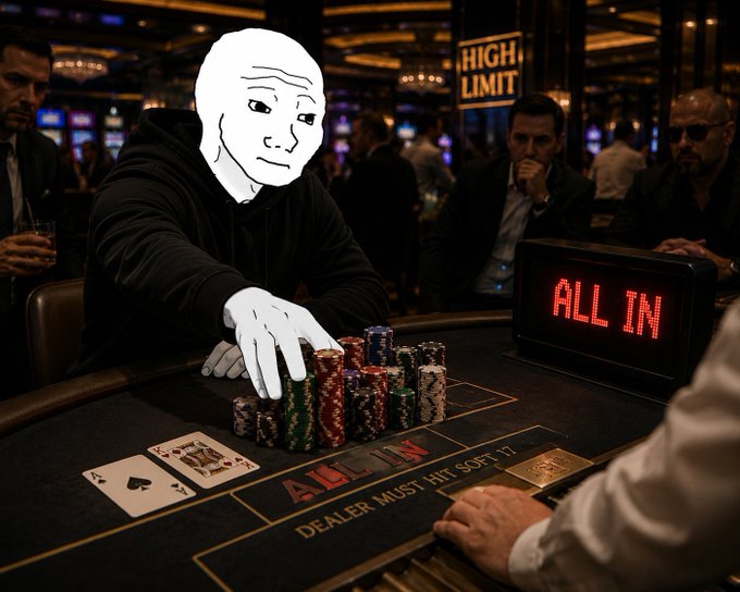 A poker game unfolds at a high-stakes casino, with players and dealers engaged in the game while others watch from behind a red "All In" sign.