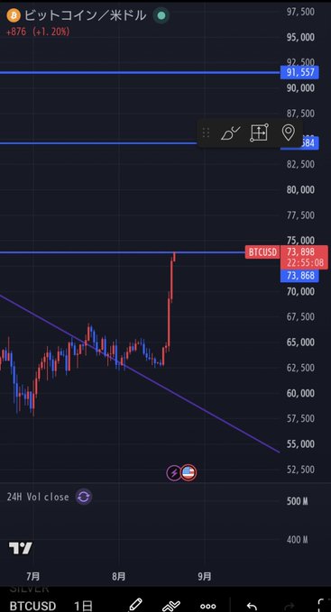 A Bitcoin/USD (BTCUSD) price chart on TradingView showing a current price of $73,898 with a 1.20% (+876) gain, displaying candlestick patterns and a purple trendline on the SILVER 1-day timeframe.