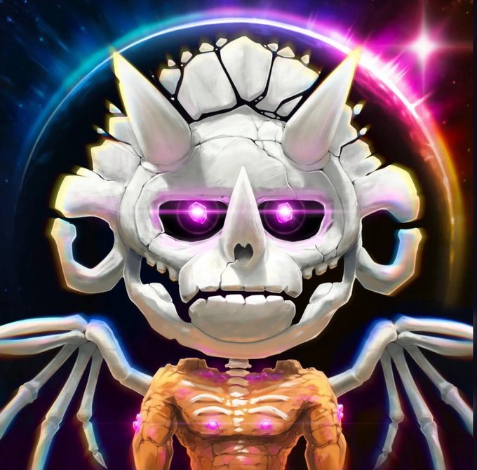 A stylized 3D rendering of a skeletal figure with a cracked white skull, glowing purple eyes, and a smaller orange cracked creature at its chest, set against a vibrant cosmic background.