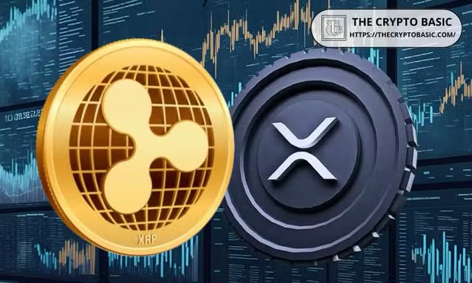 A promotional graphic from 'The Crypto Basic' (https://thecryptobasic.com/) features gold XRP and silver XRP cryptocurrency coins displayed against a background of financial trading charts.