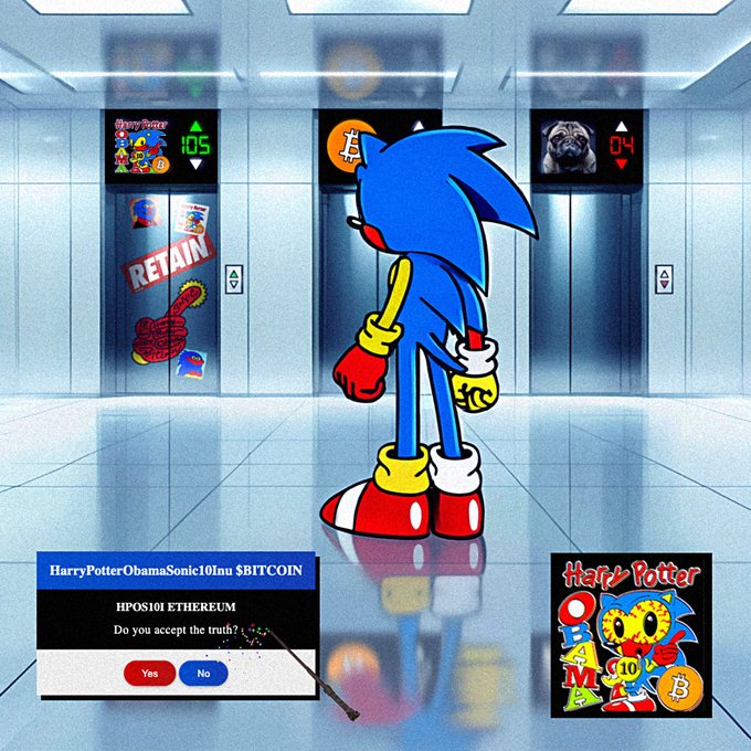 A cartoon illustration featuring a Sonic the Hedgehog-style character in an elevator lobby with Harry Potter and Obama imagery, alongside dialog boxes reading 'HPOS101 ETHEREUM: Do you accept the truth?' and a 'Harry Potter OBAMA' meme graphic.