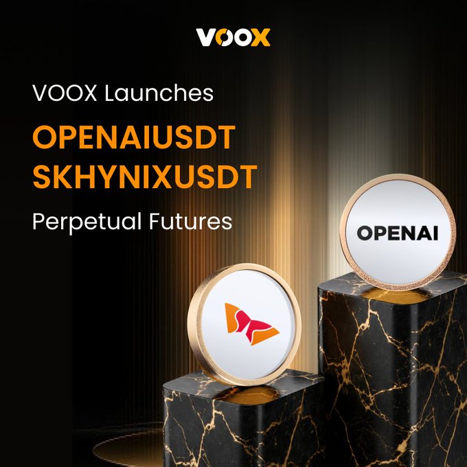 The image features two circular objects, one black marble with a gold center and the other white marble with an orange center. The text "Voox Launches OPENAIUSDT and SKHYNIXUSDT Perpetual Futures" is displayed above them, indicating that these coins are part of a new listing on Voox.com for openaiusdtskynixusdt Perpetual Futures.