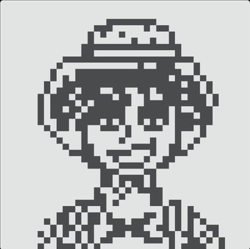 A black and white pixel art portrait of a person wearing a cap.