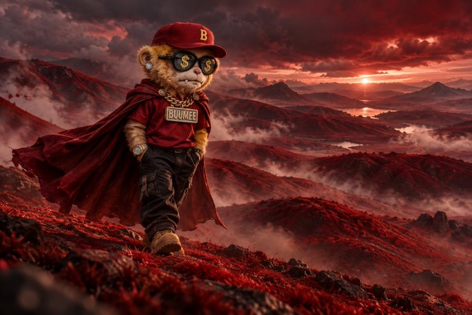 A teddy bear in a red "BUKEE" jersey, gold "$" sunglasses, and a billowing cape treks across a crimson mountain landscape at sunset, embodying the trader's mix of bull-market swagger and creeping dread as the market turns red. The "B" cap and dollar-sign shades nod to the wealth fantasy, while the ominous red terrain mirrors the looming "RED day" the post dreads.