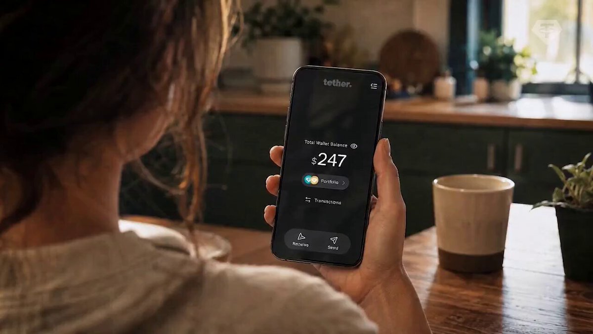 The image shows a woman holding up her phone, which displays the time as 2:47 pm. There are two cups visible in the scene - one near the right edge of the frame and another closer to the center. The background features a kitchen area with various potted plants scattered around.