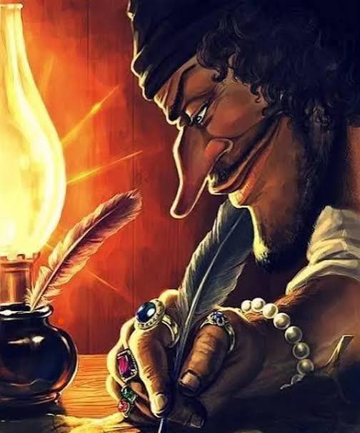 A stylized digital illustration of a bearded man wearing a dark cap, smiling slyly as he writes with a feather quill by warm lamplight, adorned with rings and a pearl bracelet.