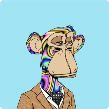 A colorful digital artwork of a stylized monkey wearing a tan suit jacket and dotted tie against a light blue background. The monkey has a multicolored, psychedelic pattern on the top of its head.