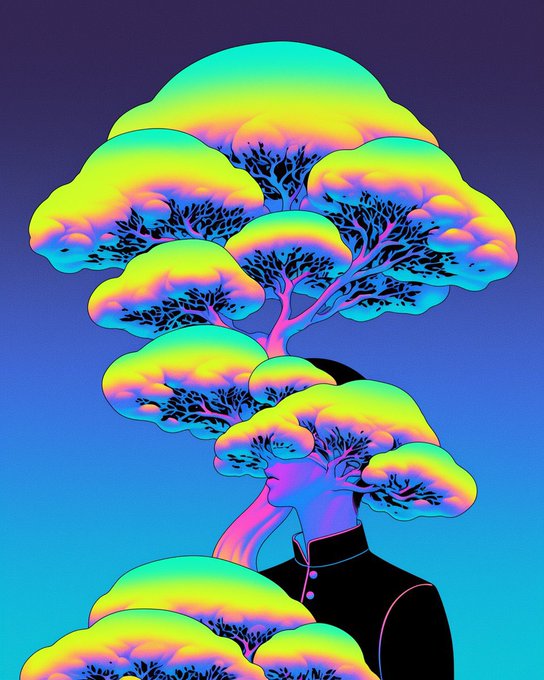 A vibrant digital illustration of a silhouetted figure in a dark outfit, whose head transforms into a large, brightly colored, rainbow-toned tree against a blue background.