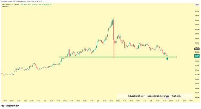 A TradingView chart of $SUI/USDT on Binance displays the cryptocurrency's movement over a 15-minute timeframe in late August 2025, showing a peak around 0.8600 followed by a decline to the 0.8200 support zone (highlighted in green), where price currently sits near 0.8044 with an "Educational only - not a signal" disclaimer.