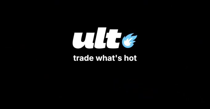 A logo on a black background for 'ult' with a blue flame icon and the tagline 'trade what's hot'.