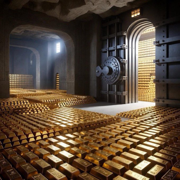 A 3D-rendered vault room filled with massive stacks of gold bars, featuring heavy steel doors with a large combination lock and dramatic lighting streaming through an archway.