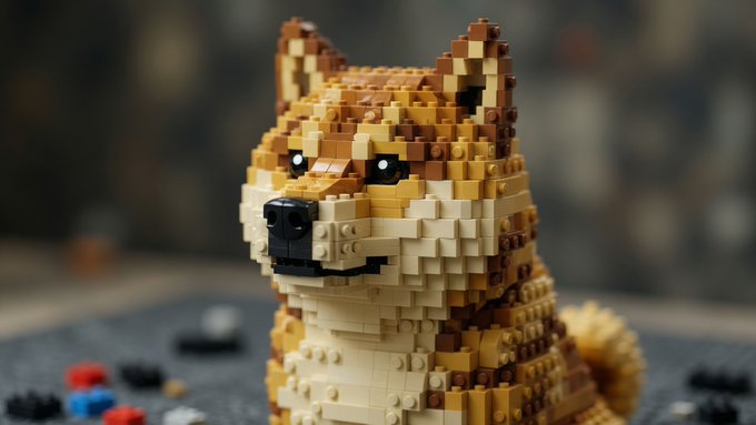A detailed LEGO sculpture of a Shiba Inu dog, the iconic mascot associated with Dogecoin ($DOGE), is displayed with a blurred background and scattered LEGO pieces around it. The image visually reinforces the "Make $DOGE Great Again" message by showcasing the beloved dog breed that represents the meme-based cryptocurrency.