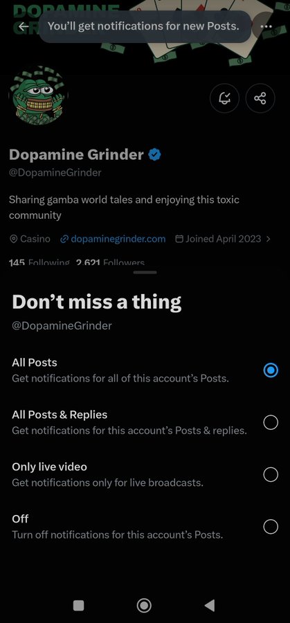 A screenshot of a Twitter/X profile notification settings page for the account 'Dopamine Grinder' (@DopamineGrinder), with 'All Posts' currently selected to receive notifications.