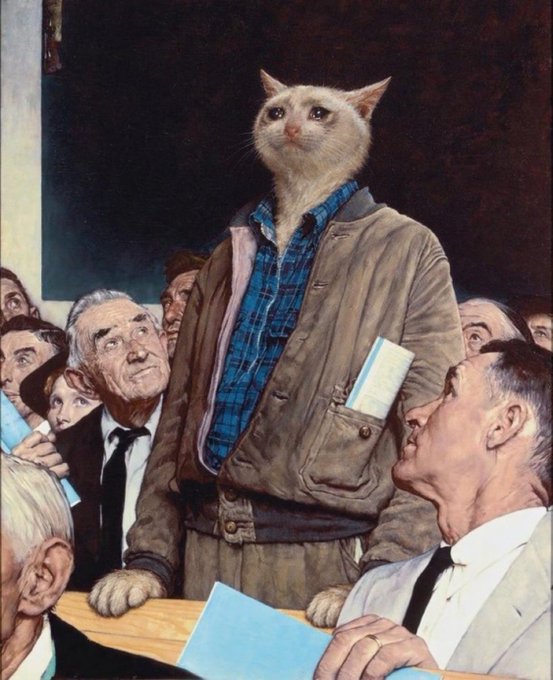 A surreal painting depicting a white cat standing upright among a crowd of men, wearing a blue plaid shirt and a brown jacket with a rolled paper in the pocket, evoking the style of Norman Rockwell's 'Freedom from Want'.