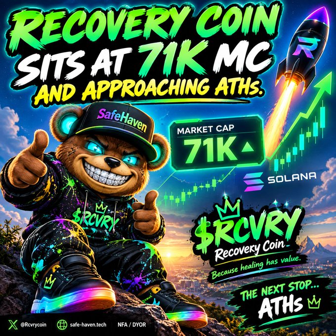 Promotional graphic for 'Recovery Coin' ($RCVRY) stating 'SITS AT 71K MC AND APPROACHING ATHS' with a cartoon bear mascot, market cap display, and Solana branding.