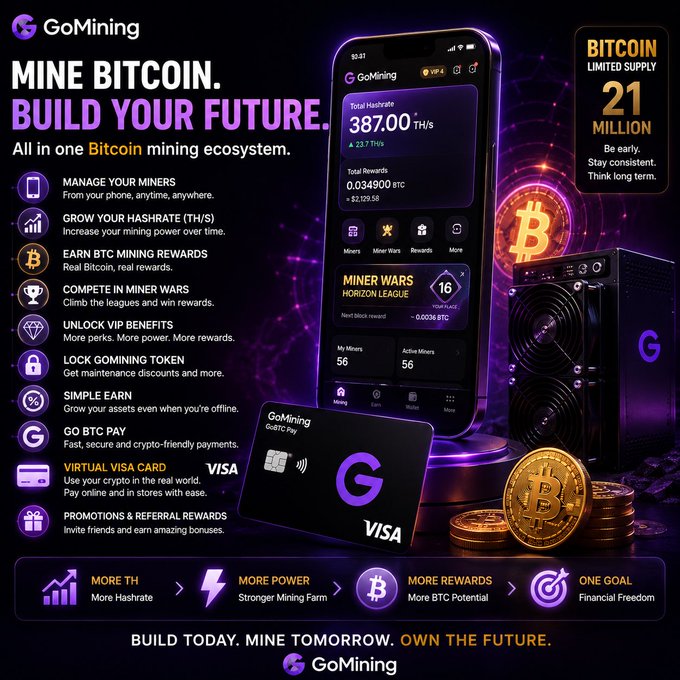 An advertisement for 'GoMining' with the tagline 'MINE BITCOIN. BUILD YOUR FUTURE.' showing a mobile app interface displaying a hash rate of '387.00 TH/s', a mining rig, a Visa debit card, and Bitcoin coins, noting 'BITCOIN LIMITED SUPPLY 21 MILLION'.