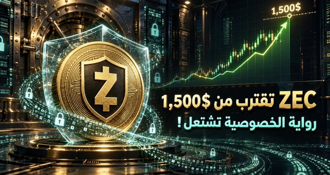 A promotional graphic for ZEC (Zcash) cryptocurrency featuring a gold coin with a 'Z' shield, security lock icons, and a price chart showing $1,500, with Arabic text reading '1,500$ تقترب من ZEC - رواية الخصوصية تشتعل!' (ZEC approaches $1,500 - The privacy narrative ignites!).