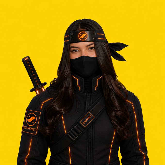 The image features a woman dressed as a ninja, wearing a black outfit that includes a jacket and a headband. She has long hair and holds a sword in her hand. The background of the image is yellow, which contrasts with the black elements of her attire and the sword she's holding. There are no texts or other objects present in the image.