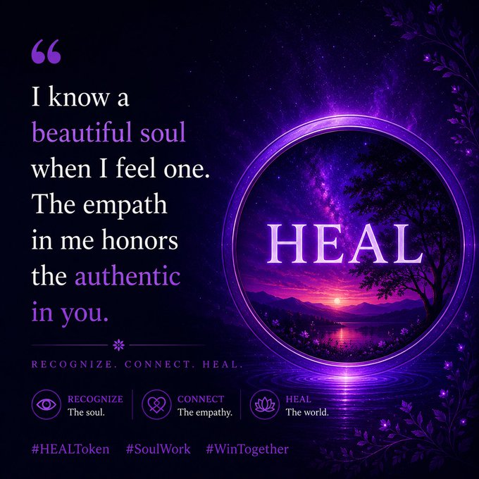 The image features a purple circle with the word "HEAL" written inside of it, surrounded by various symbols related to healing and wellness. The background of the image is dark purple, which complements the color of the circle. There are also some text elements in the image that read "I Know A Beautiful Soul When I Feel One. The empathy in me honors the authentic in you." This quote emphasizes the importance of self-love and acceptance as part of the healing process.