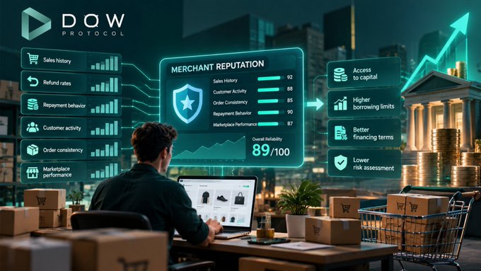 A promotional graphic for 'DOW PROTOCOL' showing a merchant reputation dashboard featuring metrics like Sales History (92), Customer Activity (88), Order Consistency (85), and an Overall Reliability score of 89/100.