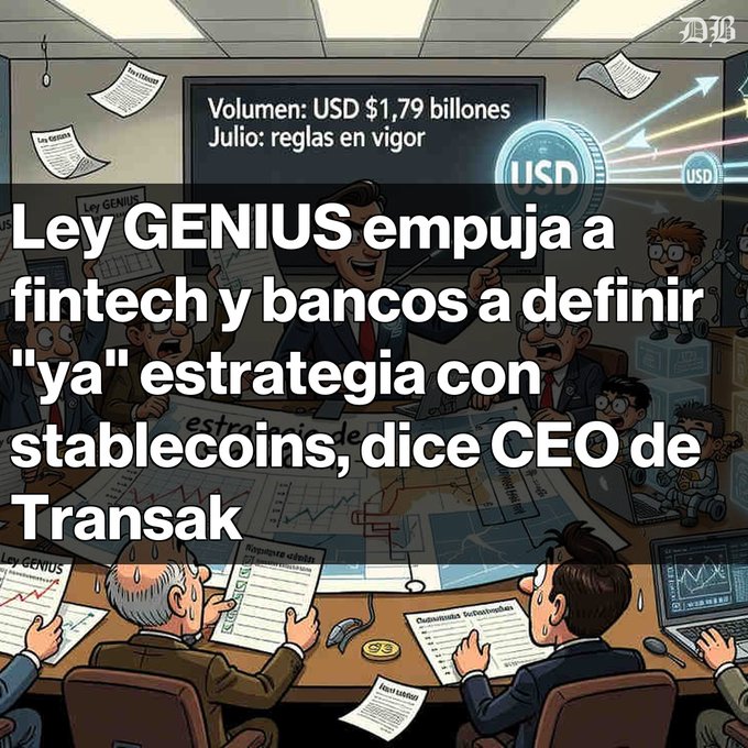 A Spanish-language news headline reading 'Ley GENIUS empuja a fintech y bancos a definir "ya" estrategia con stablecoins, dice CEO de Transak,' with an illustration of stressed business people analyzing documents and charts.