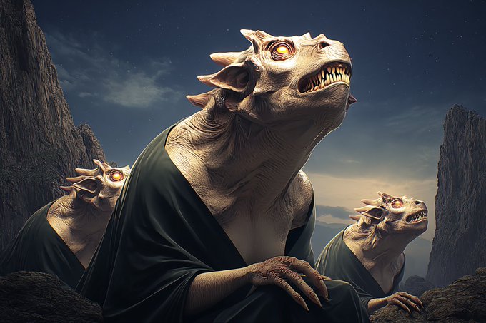 Digital artwork of three lizard-like humanoid creatures with sharp teeth and yellow eyes, wearing dark robes in a rocky, mountainous landscape under a night sky.
