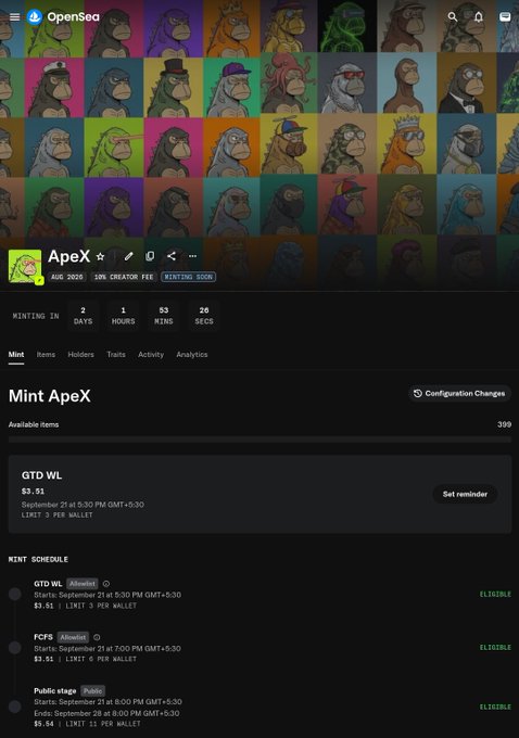 An OpenSea NFT minting page for 'ApeX' collection with 399 available items, showing minting in 2 days, 1 hour, 53 mins, 28 secs, and prices starting at $3.51.
