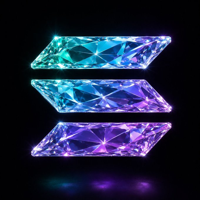 A digital illustration of three glowing, diamond-shaped crystals in gradient shades of cyan, blue, and purple, stacked vertically against a black background.