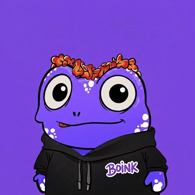 A cartoon-style purple frog character wearing a flower crown and a black hoodie with 'Boink' written on it, smiling on a solid purple background.