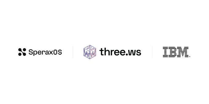 The logos of SperaxOS, three.ws, and IBM are displayed side by side, visually representing the three-way partnership highlighted in the announcement. This arrangement corresponds to the post's mention of a collaboration between IBM, Sperax, and three.ws, with IBM's prominent branding emphasizing its role in publishing the technical breakdown.