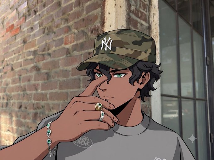 An anime-style illustration depicts a young man with dark hair, green eyes, and a camo Yankees cap, wearing a gray shirt, gold rings, and a green gem bracelet, posing against a brick wall.