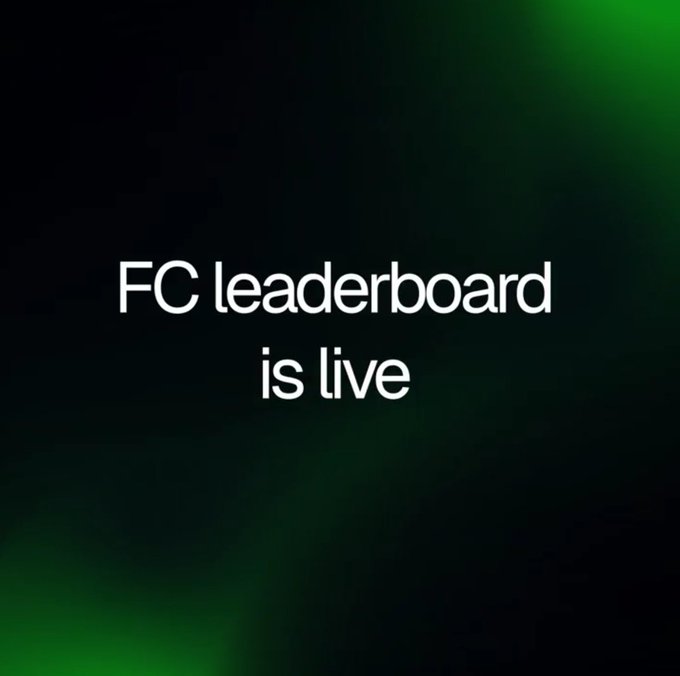 The image displays the text "FC leaderboard is live" in white font against a dark background with green light effects, announcing the launch of the Tria FC leaderboard competition as referenced in the post about the $15,000 rewards pool.