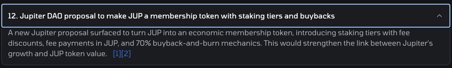 A text entry from a list reading: '12. Jupiter DAO proposal to make JUP a membership token with staking tiers and buybacks' describing a proposal to turn JUP into an economic membership token with fee discounts and a 70% buyback-and-burn mechanism.