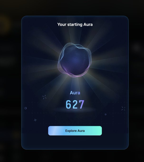 A digital interface displays "Your starting Aura" with a score of 627 and an "Explore Aura" button below a glowing orb.