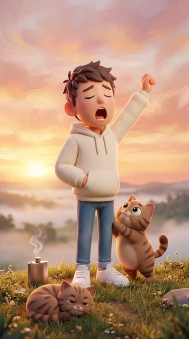 A yawning boy stretches while his cats play on a grassy hill at sunrise, evoking the groggy, morning energy of waking up to check the day's scheduled NFT mints.