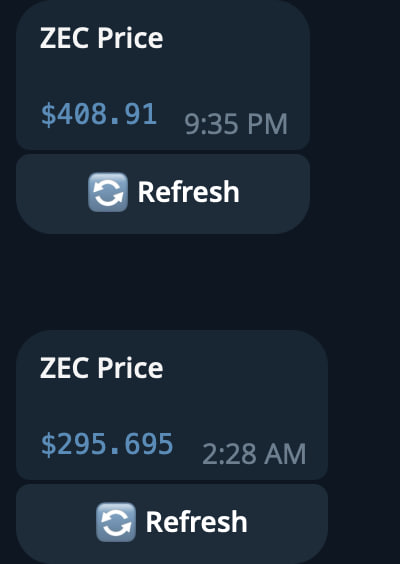 In this image, there are three different posts displayed on a mobile device screen. The top left post is titled "ZEC Price" with a blue background, displaying two price options for $40.98 each. The second post is titled "Refresh" and also has a blue background, but offers no additional details about the prices or product descriptions. The third post is located at the bottom right of the screen and features text that says "I checked price of 
$zec at 9:35pm it is currently 2:35am. $110 down in 5 hours jfcc". This post provides information about the current time, showing that there has been a purchase made for $110, and it is scheduled to go live in five hours at 2:35 am. The other posts appear unrelated or unrelated to the main message, which is focused on the sale of ZEC products.