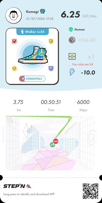 A STEP'N app screenshot displays a user profile 'Komagi' with a 'Walker Lv24' sneaker NFT, earning 6.25 GST/Min with 3.75 km walked in 00:50:51.