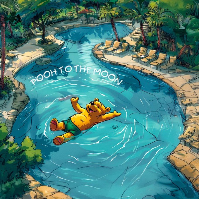 An illustration shows Winnie the Pooh floating on his back in a swimming pool surrounded by palm trees, with the text 'POOH TO THE MOON' floating above him.