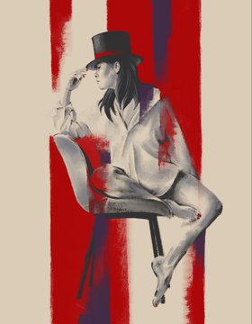 An artistic illustration of a woman in a white shirt and black top hat sitting on a chair, set against a background of bold red and navy blue vertical stripes.