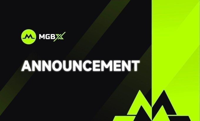 The image is a graphic announcement from MGBX featuring its logo and the word "ANNOUNCEMENT" in bold white text against a black background with green diagonal accents, serving as a visual header for the platform's system upgrade notice.