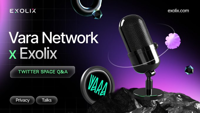 The image features a microphone with a purple flower on top of it, placed against a black background. The text "VARA Network x Exolix" is displayed above the microphone, indicating that this image was taken during an AMA session where they discussed what makes a blockchain ready for AI agents.