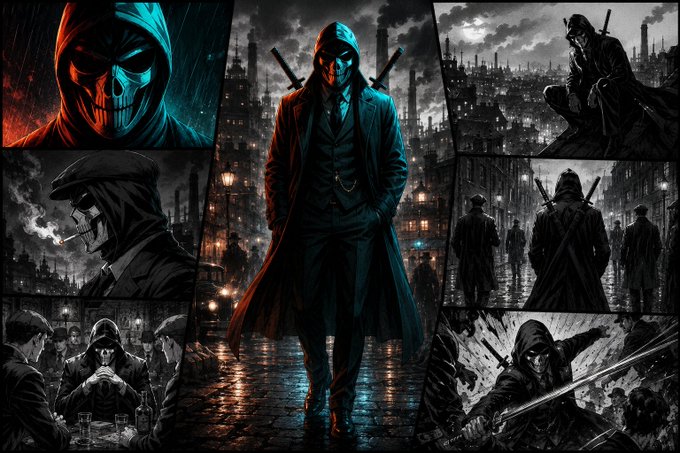 A dark, noir-style comic collage features a masked, sword-wielding figure in a trench coat standing in a rain-soaked industrial cityscape, surrounded by gritty panels of masked allies and smoky tavern scenes. The edgy, vigilante imagery sets a hardcore, "let's get things done" tone that matches the post's call to be productive today.