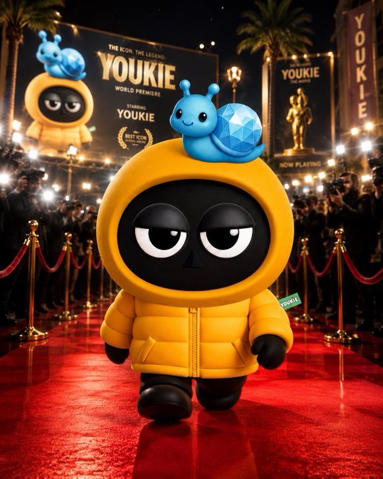 The image features a cartoon character, likely a robot or a doll, walking down a red carpet with a "Youkie" sign above its head. The character appears to be wearing a yellow jacket and has a blue snail on its head. In the background, there are people standing around, possibly attending an event or gathering.
