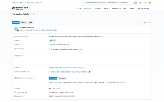 The image shows a RobinScan (Etherscan alternative for Robinhood Chain) transaction details page for a successful "Transfer 1,000,000 gCATZ" transaction from address 0x85016f3...794eed4 to burn address 0x00000000...00000000, visually confirming the user's weekend post about burning 1 million gCatz tokens.