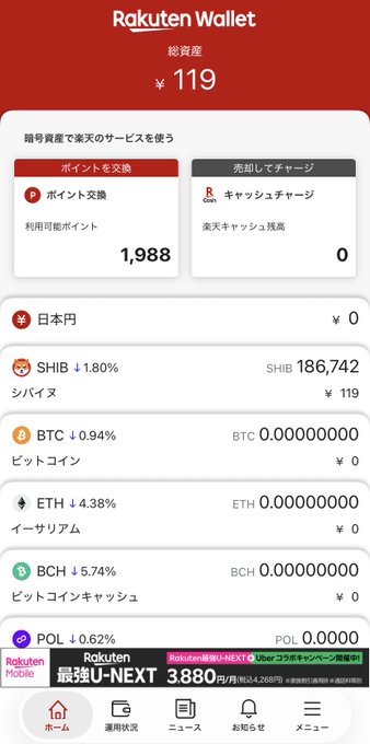 Rakuten Wallet app showing a total investment of ¥119, including Shibuya (SHIB) holdings of 186,742 and zero balances for BTC, ETH, BCH, and POL.