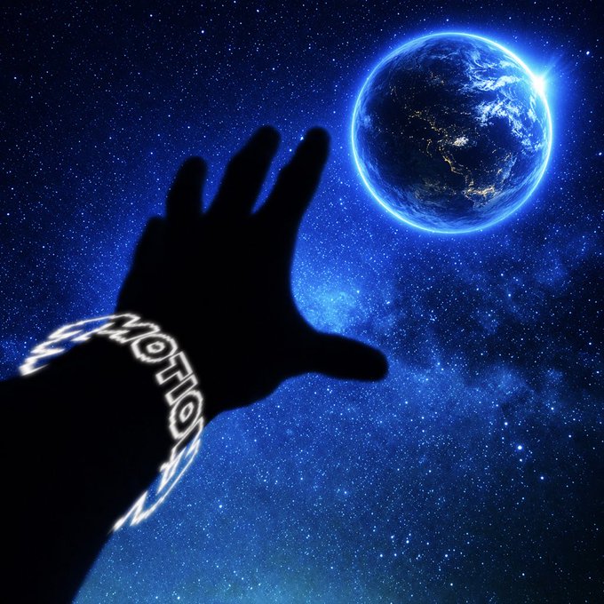 A silhouette of a hand reaching toward Earth from space, with glowing white tribal-style tattoos on the wrist against a starry blue background.