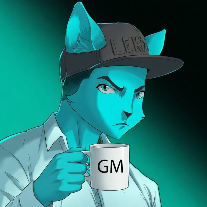 An illustrated anthropomorphic blue cat-like character wearing a 'LEK' cap and white shirt, holding a mug labeled 'GM'.
