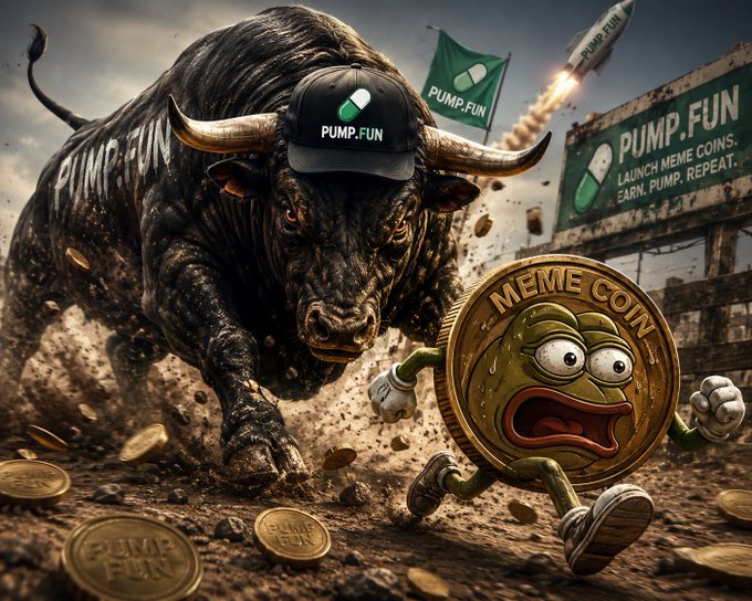 A dramatic AI-generated image showing a charging black bull wearing a 'PUMP.FUN' cap chasing a scared meme coin character, with branding that reads 'LAUNCH MEME COINS. EARN. PUMP. REPEAT.'